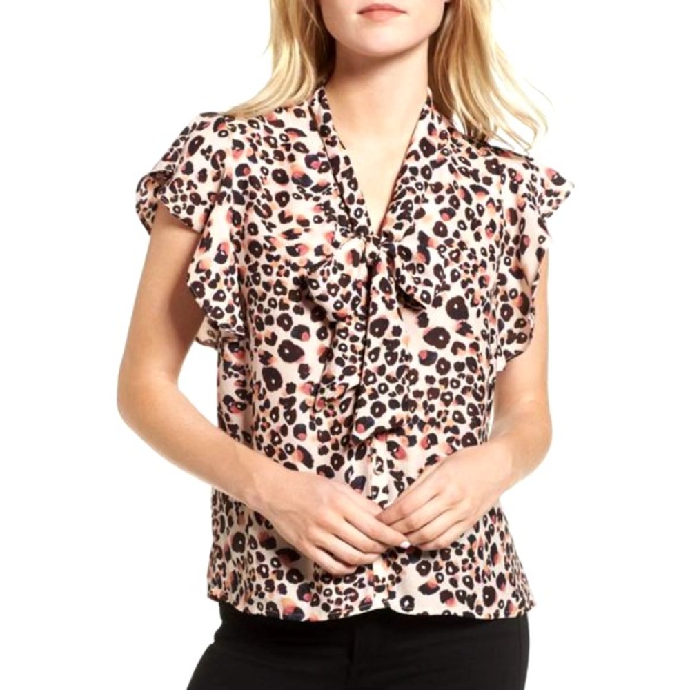 Cupcakes and Cashmere Blouse Womens Small Pink Leopard Tie Neck Ruffle Sleeve